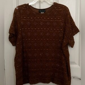 Maggie Barnes OX Brown Crepe Lace Overlay Blouse